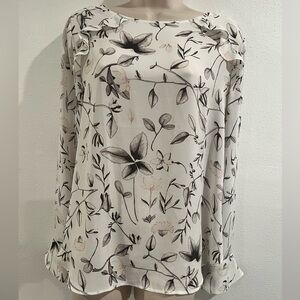 New Loft Medium Long White w/ gray Floral  Blouse